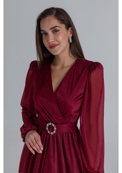 Kadın Kemerli Kruvaze Yaka Simli Gece Elbisesi NBMY3590 indirimleri
