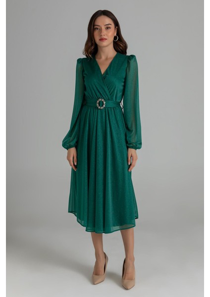 Kadın Kemerli Kruvaze Yaka Simli Gece Elbisesi NBMY3590