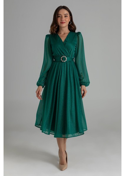 Kadın Kemerli Kruvaze Yaka Simli Gece Elbisesi NBMY3590 modelleri