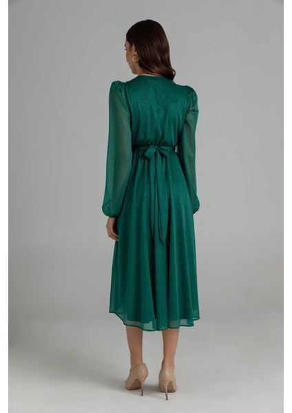 Kadın Kemerli Kruvaze Yaka Simli Gece Elbisesi NBMY3590 fırsatları