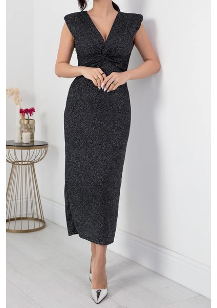 Kadın Yırtmaç Detaylı Simli Abiye Elbise NBMY3362