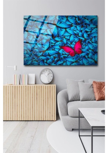 Mavi Kelebekler Cam Tablo