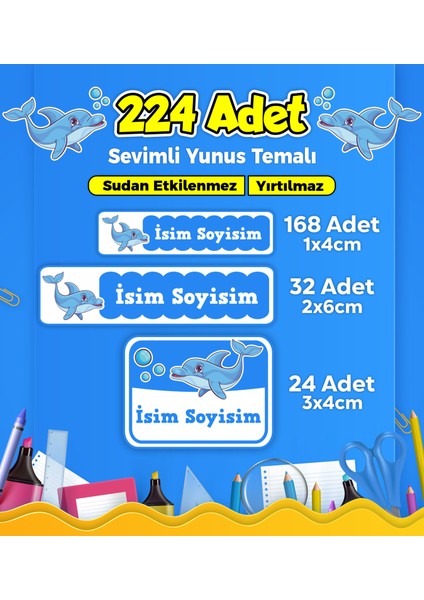Sevimli Yunus Temalı Okul Kreş Kişiye Özel İsim Etiket Seti - Model 82