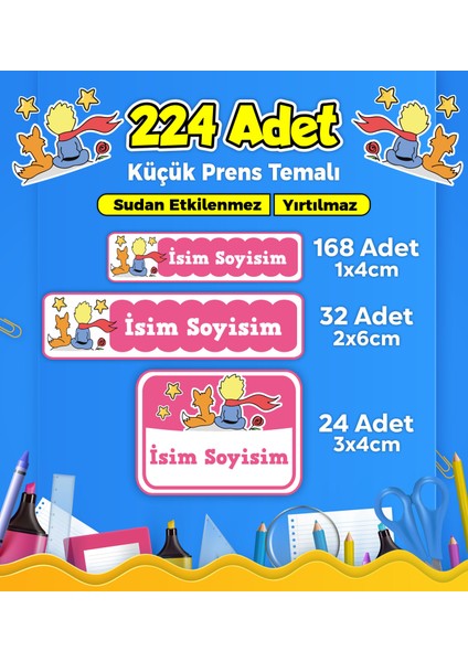 Küçük Prens Okul Kreş Etiketi Kalem Defter Özel İsim Yazılabilen Etiket Seti Model 77 (224 Adet)