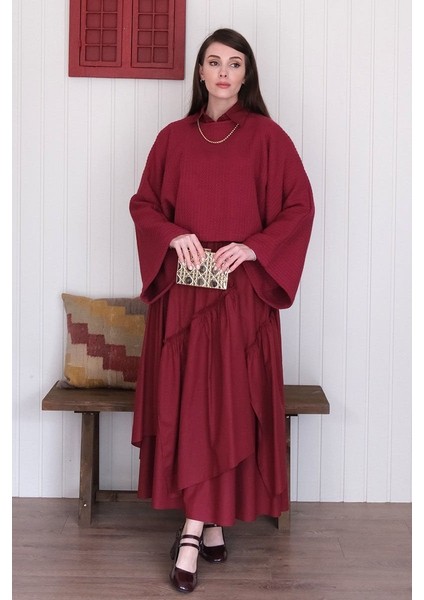 Bordo Yarasa Kol Triko Crop & Bordo Kat Detay Bohem Etek
