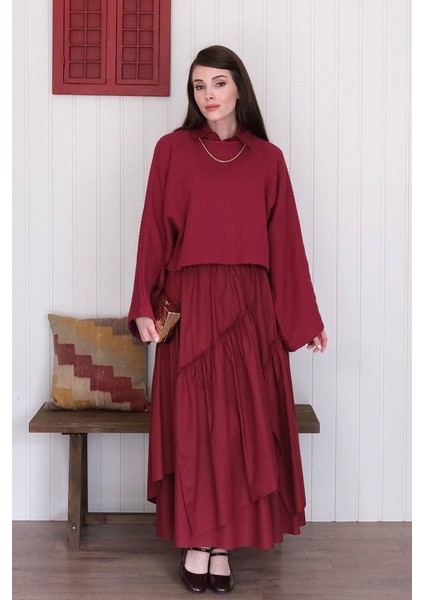 Bordo Yarasa Kol Triko Crop & Bordo Kat Detay Bohem Etek