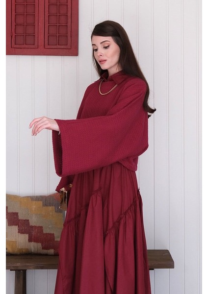 Bordo Yarasa Kol Triko Crop & Bordo Kat Detay Bohem Etek