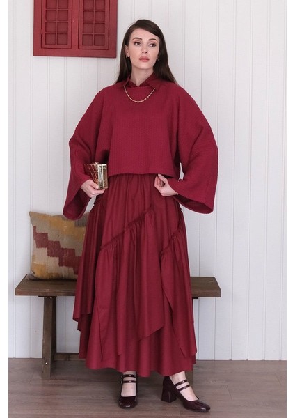 Bordo Yarasa Kol Triko Crop & Bordo Kat Detay Bohem Etek
