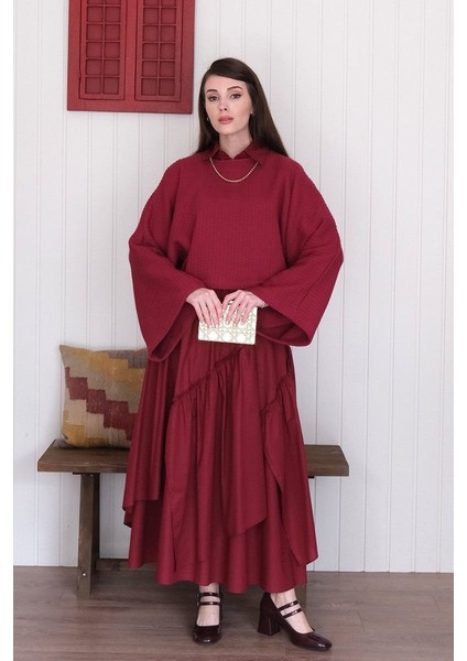 Bordo Yarasa Kol Triko Crop & Bordo Kat Detay Bohem Etek