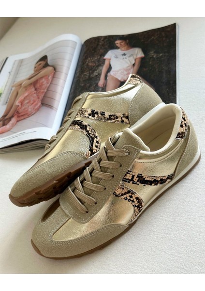 Gezegen 061 Kadın Düz Taban Günlük Sneaker Ayakkabı Ten - Altın