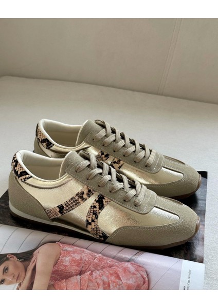 Gezegen 061 Kadın Düz Taban Günlük Sneaker Ayakkabı Ten - Altın
