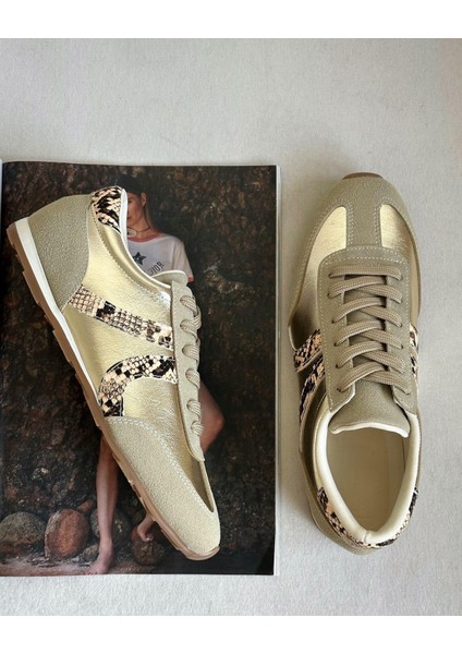 Gezegen 061 Kadın Düz Taban Günlük Sneaker Ayakkabı Ten - Altın