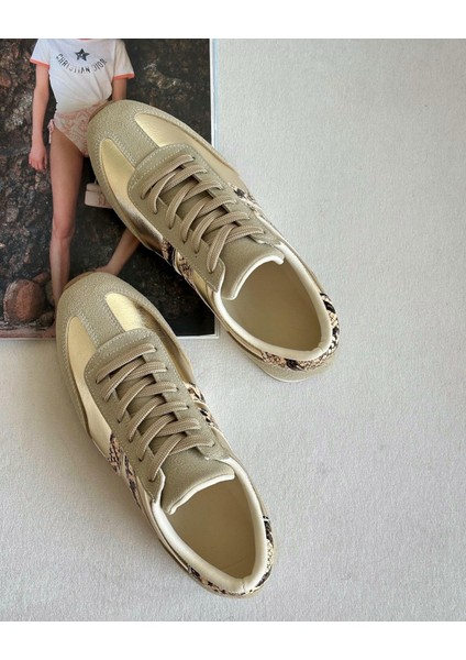 Gezegen 061 Kadın Düz Taban Günlük Sneaker Ayakkabı Ten - Altın