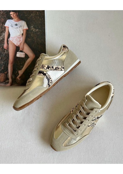 Gezegen 061 Kadın Düz Taban Günlük Sneaker Ayakkabı Ten - Altın