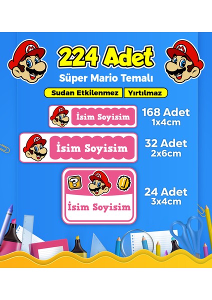 Mario Okul Kreş Etiketi Kalem Defter Özel İsim Yazılabilen Etiket Seti Model 75 (224 Adet)
