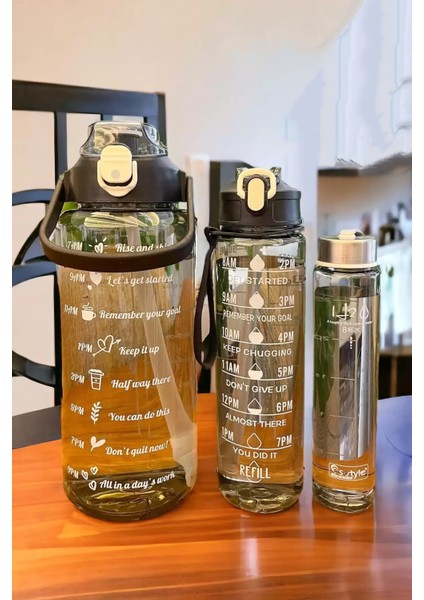 3'lü Motivasyonel Su Matarası Tritan Sporcu Su Şişesi Suluk 2000+900+500ML Stickerlı Pipetli Suluk