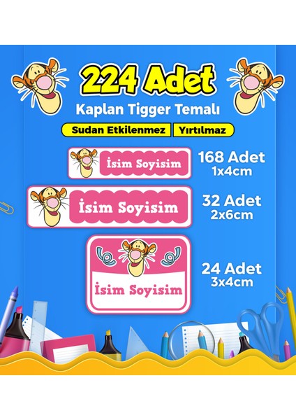 Kaplan Tigger Temalı Okul Kreş Kişiye Özel İsim Etiket Seti - Model 89