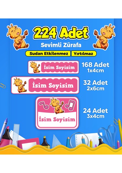 Sevimli Zürafa Temalı Okul Kreş Kişiye Özel İsim Etiket Seti - Model 69