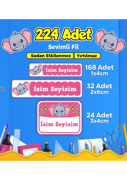 Sevimli Fil Temalı Okul Kreş Kişiye Özel İsim Etiket Seti - Model 62