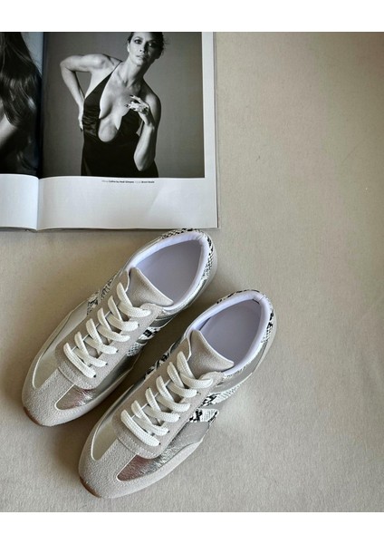 Gezegen 061 Kadın Düz Taban Günlük Sneaker Ayakkabı Taş - Gümüş