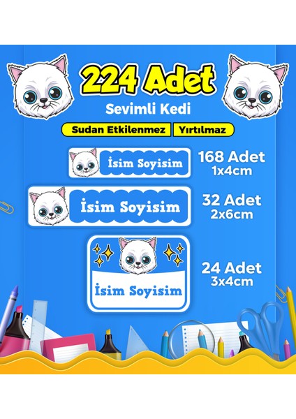 Sevimli Kedi Temalı Okul Kreş Kişiye Özel İsim Etiket Seti - Model 61