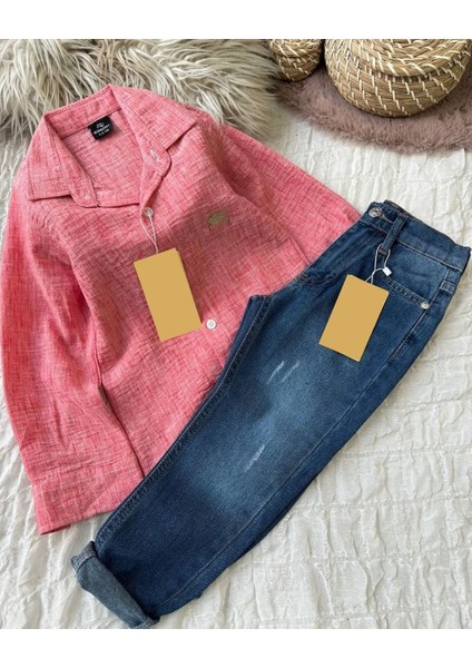 Nar Çiceği Gömlek Lacivert Jean Alt Üst Erkek Çocuk Takım