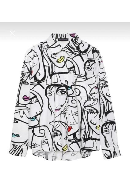 Yüz Figür Desenli Gömlek Ekru