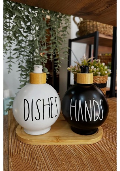2’li Hands Dishes Siyah Beyaz Dekoratif Mutfak Banyo Sıvı Cam Sabunluk Seti 550ML Bambu Stantlı Set
