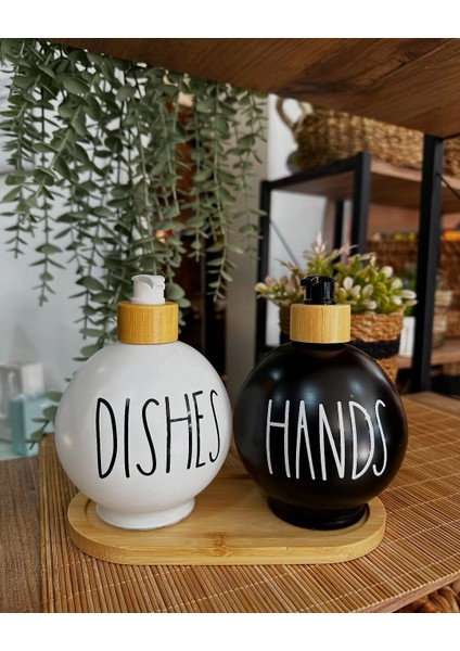 2’li Hands Dishes Siyah Beyaz Dekoratif Mutfak Banyo Sıvı Cam Sabunluk Seti 550ML Bambu Stantlı Set
