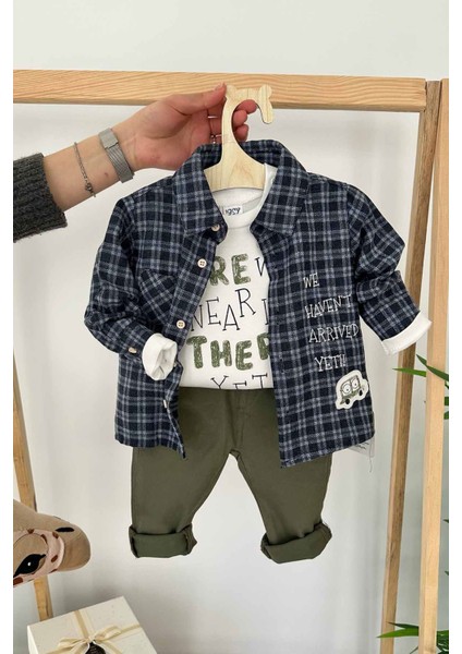 Araba Desenli Ekose Gömlekli 3 Lü Erkek bebe takım - Haki