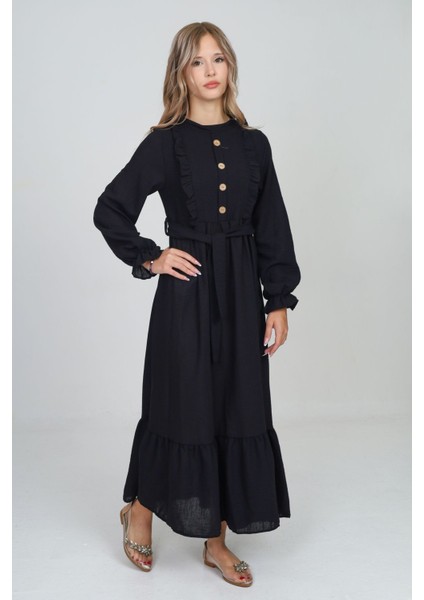 Kız Çocuk Uzun Boydan Aerobin Keten Tesettür ELBISE-ELB-0007-M