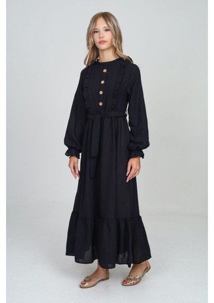 Kız Çocuk Uzun Boydan Aerobin Keten Tesettür ELBISE-ELB-0007-M indirimleri