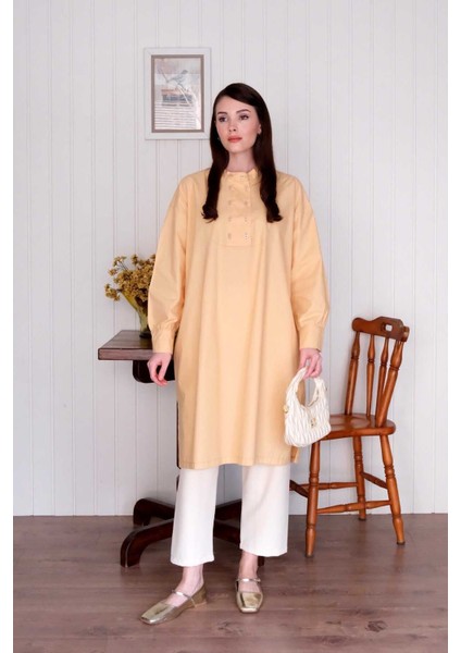 Soft Sarı Uzun Düğme Detaylı Tunik