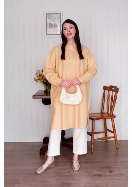 Soft Sarı Uzun Düğme Detaylı Tunik