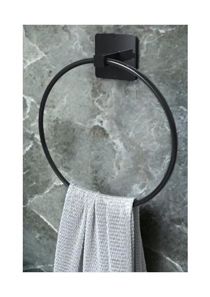 Menashop Yuvarlak Siyah Metal Havlu Askısı Havluluk | Yapışkanlı Banyo Mutfak Lavabo Havluluk Mat Siyah Askı