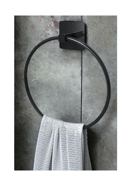 Menashop Yuvarlak Siyah Metal Havlu Askısı Havluluk | Yapışkanlı Banyo Mutfak Lavabo Havluluk Mat Siyah Askı