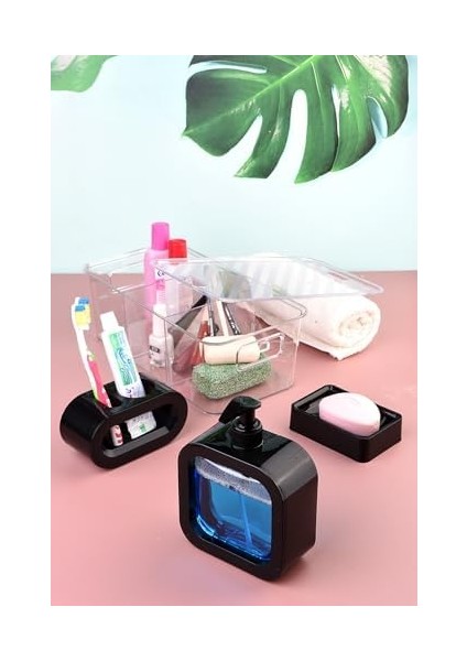 Menashop Tasarım 4 Parça Banyo Aksesuar Seti Modern Hafif Lüks Yıkama Kabı Banyo Aksesuarları Banyo Seti Losyon Şişeleri, Diş Fırçası Tutacağı, Diş Kupası, Sabunluk Siyah