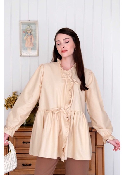 Krem Fırfırlı Bağlamalı Tunik