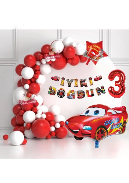Bannerli 3 Yaş Yıldız Araba Folyo Balonlu Kırmızı Beyaz Konsept Doğum Günü Parti Seti