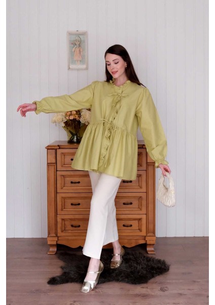 Soft Yeşil Fırfırlı Bağlamalı Tunik