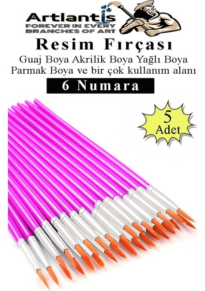 Resim Fırçası 6 Numara 5 Adet Yuvarlak Uçlu Sentetik Resim Fırça Ekonomik Suluboya Akrilik Boya Guaj Boya Yağlı Boya