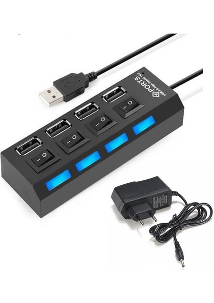 4 Port USB 2.0 Çoklayıcı Çoğaltıcı Hub Anahtarlı Işıklı Adaptörlü - Ic Chipli USB Çoklayıcı