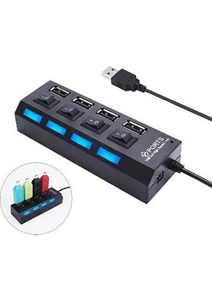 4 Port USB 2.0 Çoklayıcı Çoğaltıcı Hub Anahtarlı Işıklı Adaptörlü - Ic Chipli USB Çoklayıcı