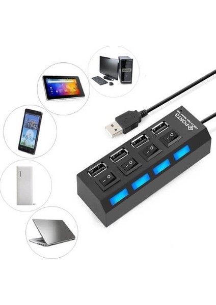 4 Port USB 2.0 Çoklayıcı Çoğaltıcı Hub Anahtarlı Işıklı Adaptörlü - Ic Chipli USB Çoklayıcı