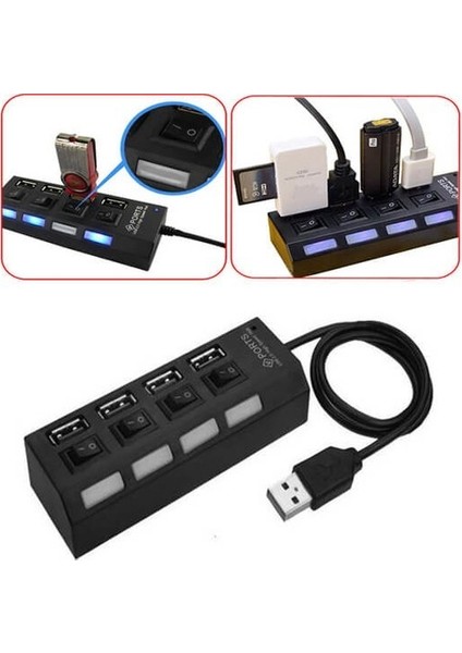4 Port USB 2.0 Çoklayıcı Çoğaltıcı Hub Anahtarlı Işıklı Adaptörlü - Ic Chipli USB Çoklayıcı