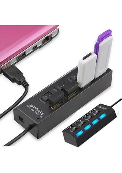 4 Port USB 2.0 Çoklayıcı Çoğaltıcı Hub Anahtarlı Işıklı Adaptörlü - Ic Chipli USB Çoklayıcı