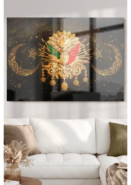 Gold Detaylı Osmanlı Tuğrası | Osmanlı Temalı Cam Tablo | 50 x 70 cm