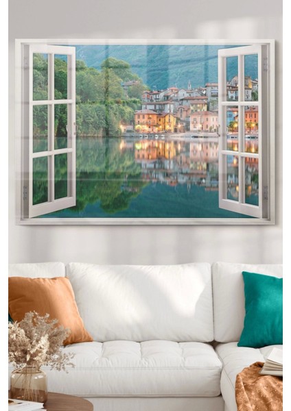 Pencere ve Şehir Yeşil Mavi| Manzara Temalı Cam Tablo | 50 x 70 cm