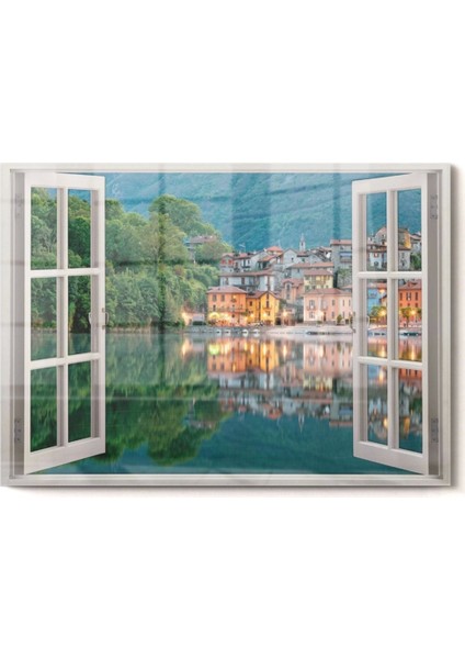 Pencere ve Şehir Yeşil Mavi| Manzara Temalı Cam Tablo | 50 x 70 cm
