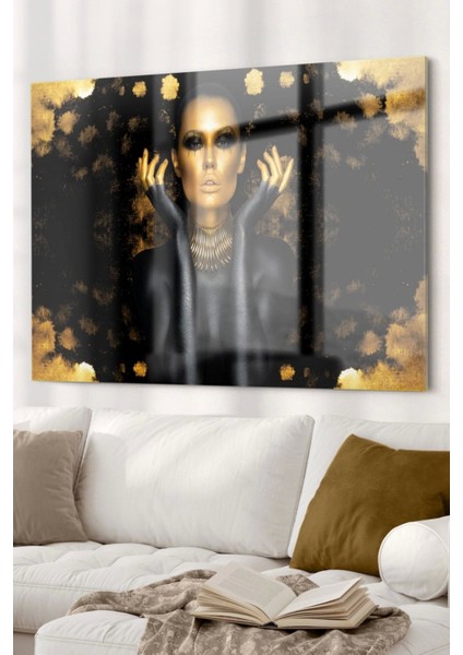 Gold Detaylı Siyahi Kadın | Etnik Temalı Cam Tablo | 50 x 70 cm